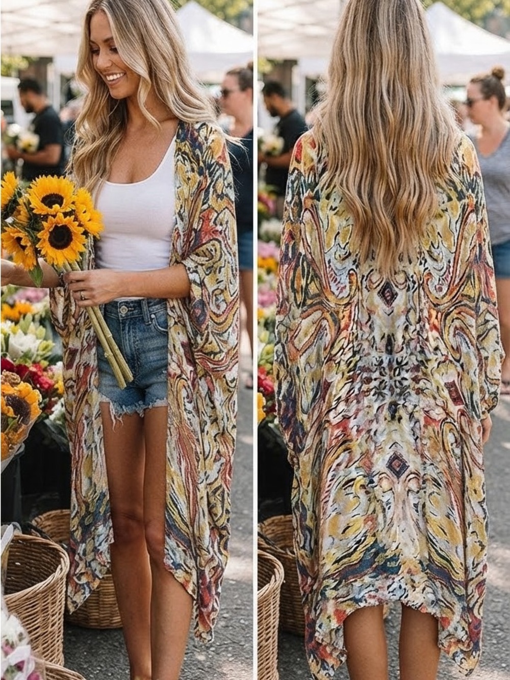 Boho Floral Multicolor Open-Front Kimono Cardigan by Ruggine, OSFM